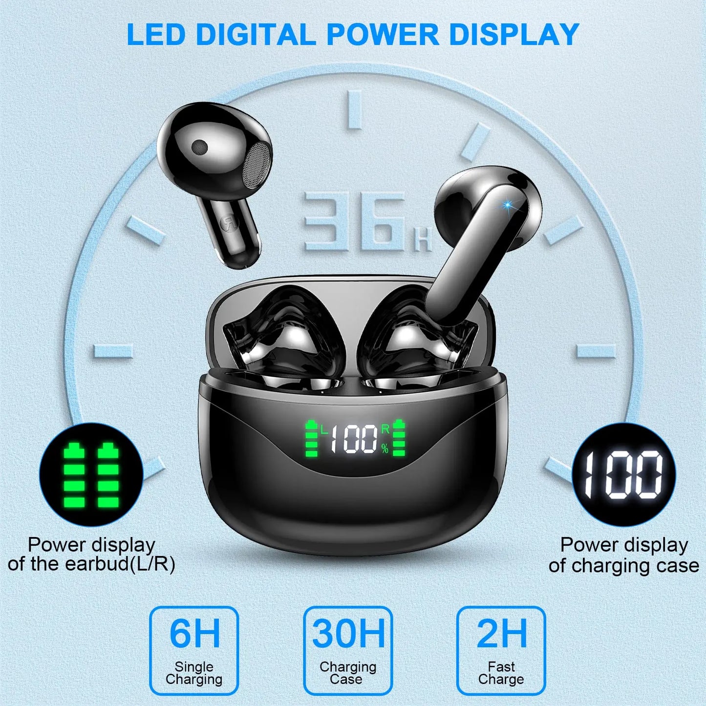 Wireless Bluetooth 5.3 Earbuds with Noise Reduction and 36 hours playing time