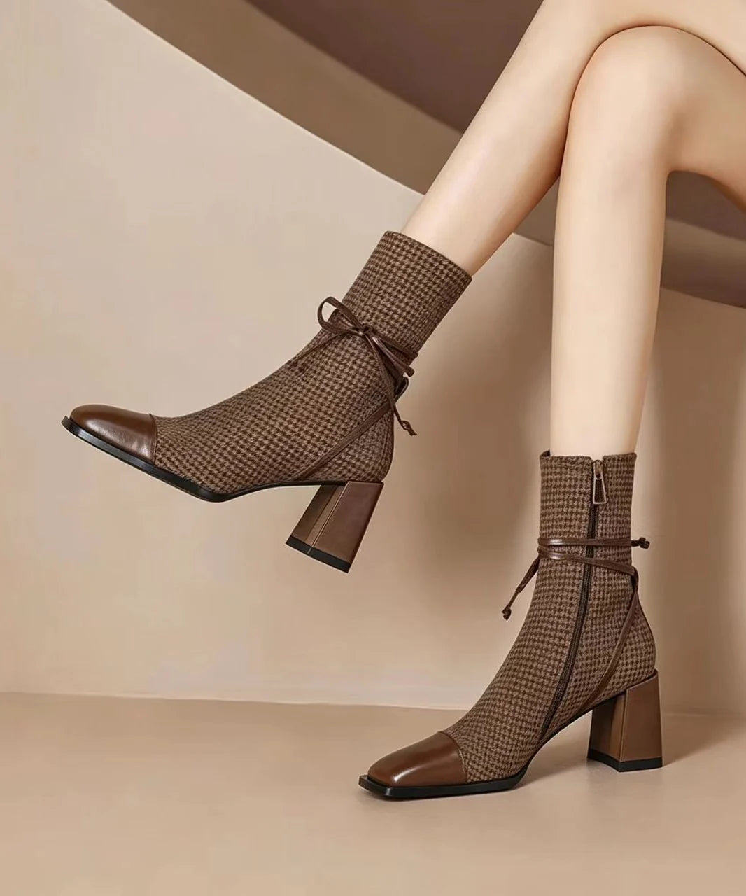 Women's Ankle Boots Chunky Heel Houndstooth Design 1