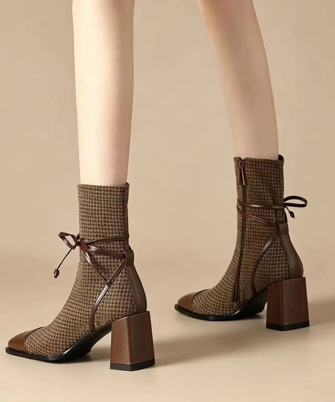 Women's Ankle Boots Chunky Heel Houndstooth Design 3