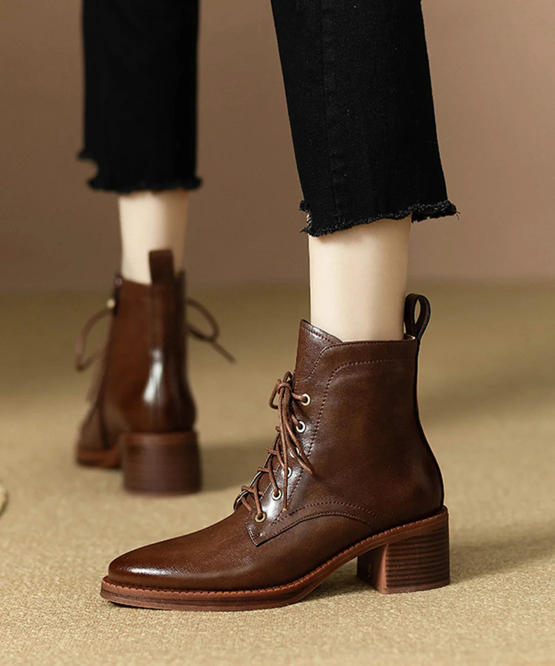 Women's Ankle Boots Lace-Up Pointed Toe Chunky Heel 1