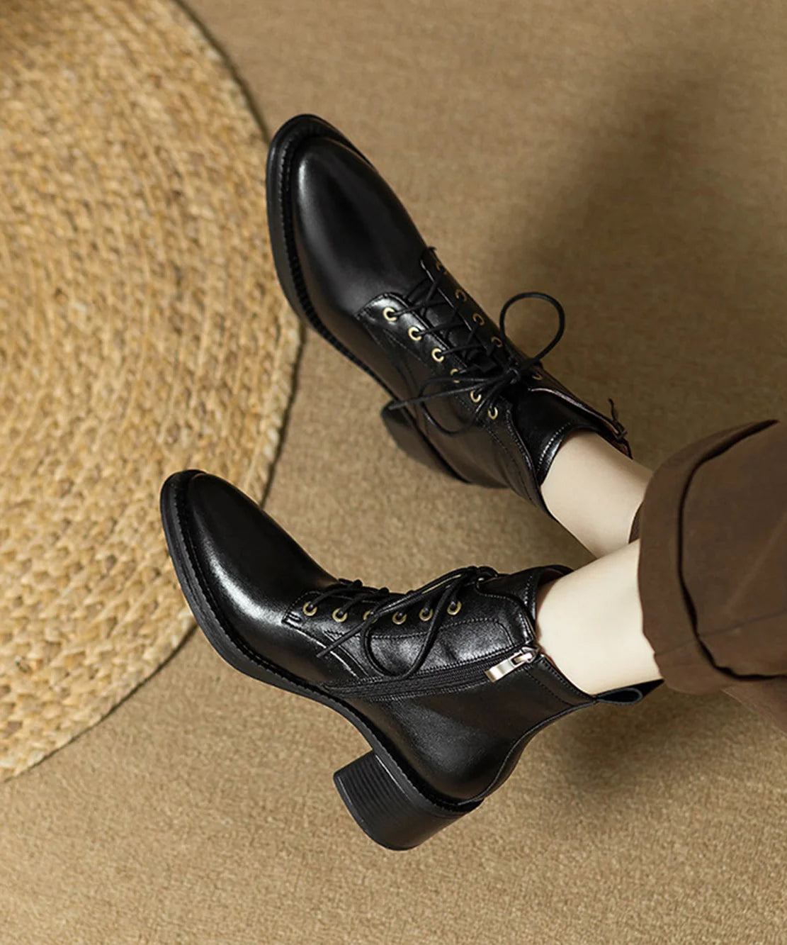 Women's Ankle Boots Lace-Up Pointed Toe Chunky Heel 4