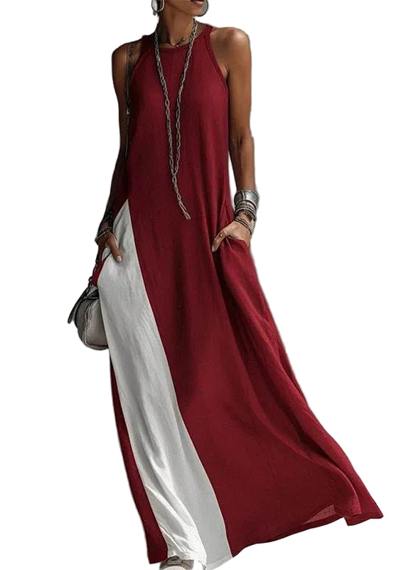 Women's Ankle Dress Sleeveless Patchwork Pockets 0