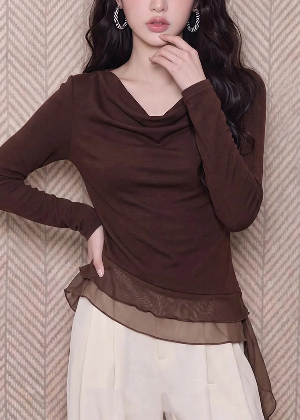 Women's Asymmetrical Long Sleeve Top Patchwork Design for Going Out 4