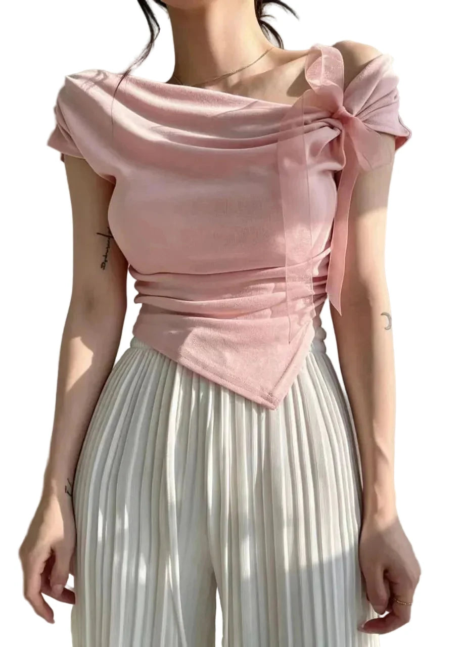 Women's Asymmetrical One Shoulder Shirt with Bow Detail 0