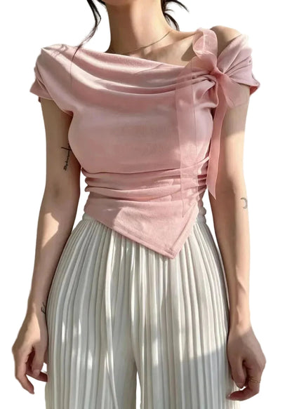 Women's Asymmetrical One Shoulder Shirt with Bow Detail 0