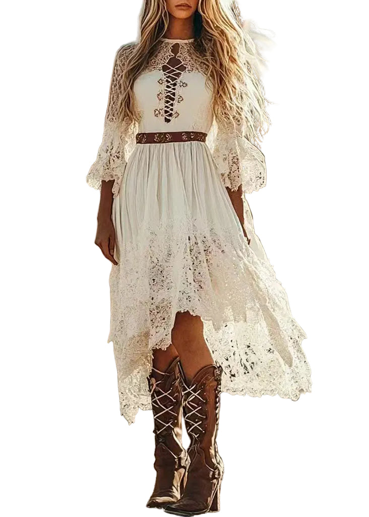 Women's Asymmetrical Patchwork Lace Dress Bohemian Style 0