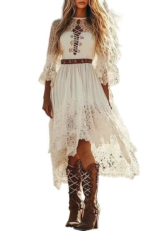 Women's Asymmetrical Patchwork Lace Dress Bohemian Style 0