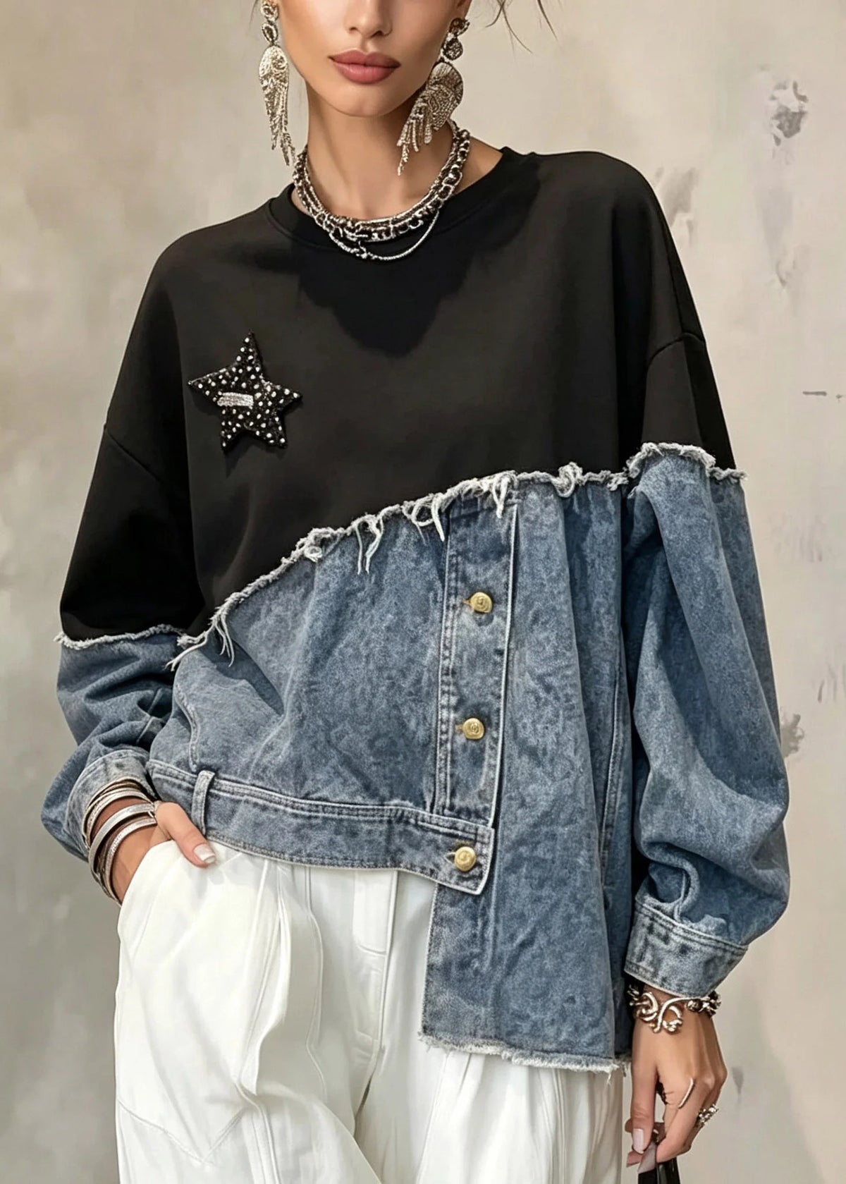 Women's Asymmetrical Sweatshirt with Patchwork Design 2