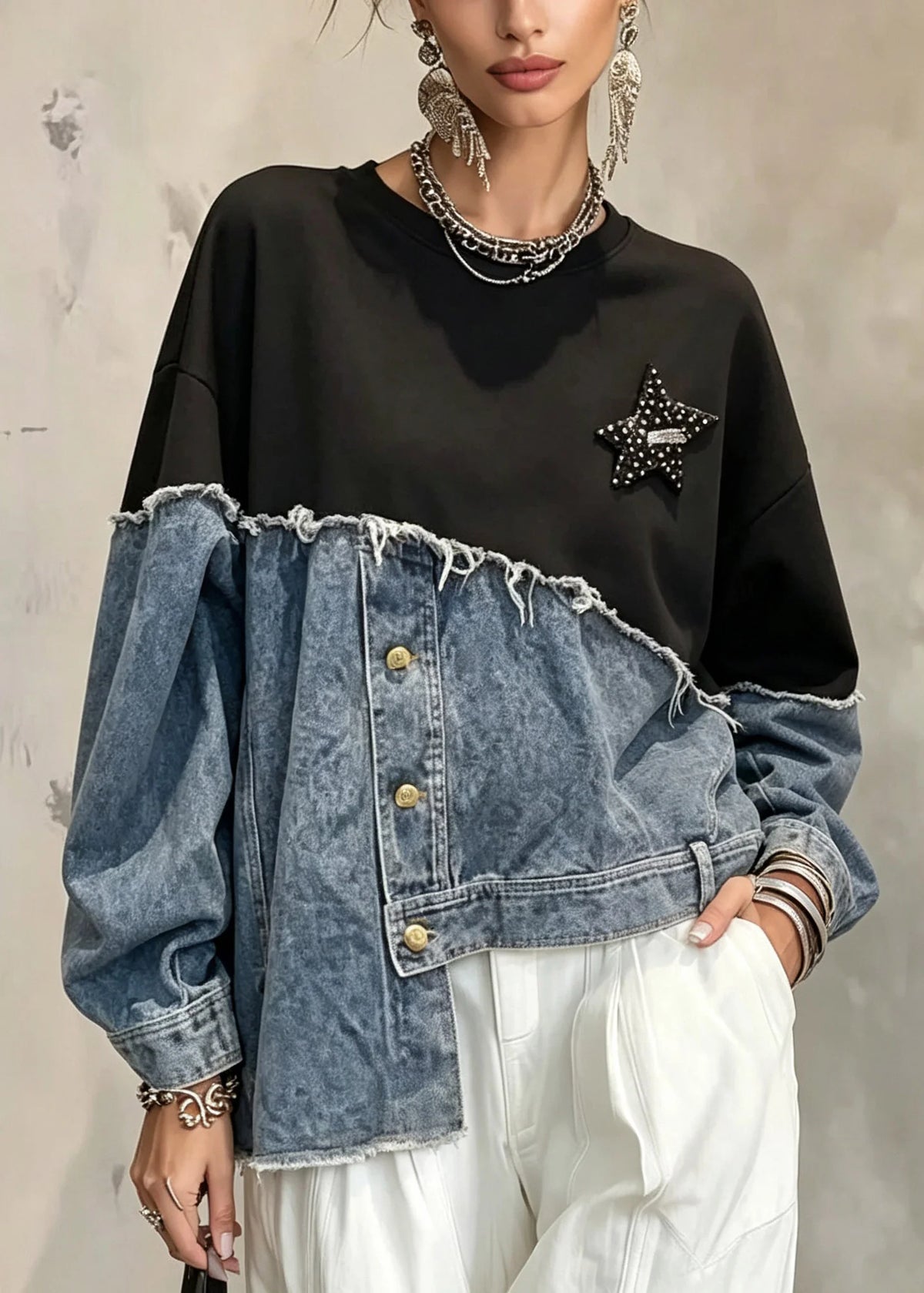 Women's Asymmetrical Sweatshirt with Patchwork Design 4