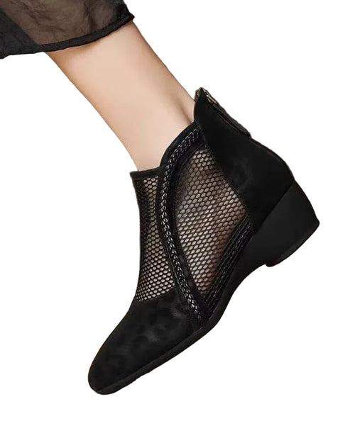Women's Black Ankle Boots Chunky Hollow Out Design 0