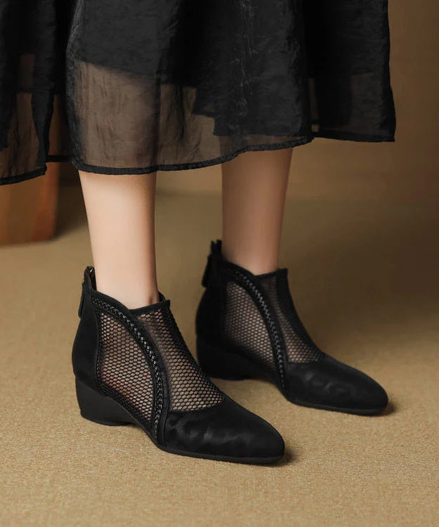 Women's Black Ankle Boots Chunky Hollow Out Design 1