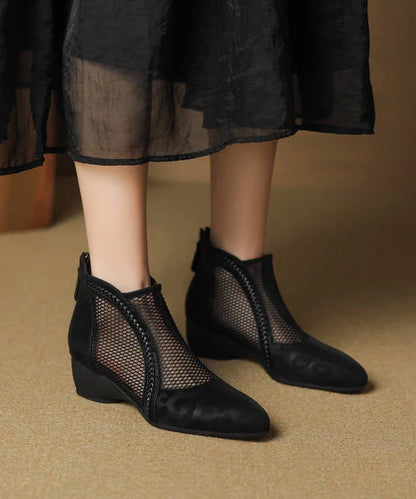 Women's Black Ankle Boots Chunky Hollow Out Design 1