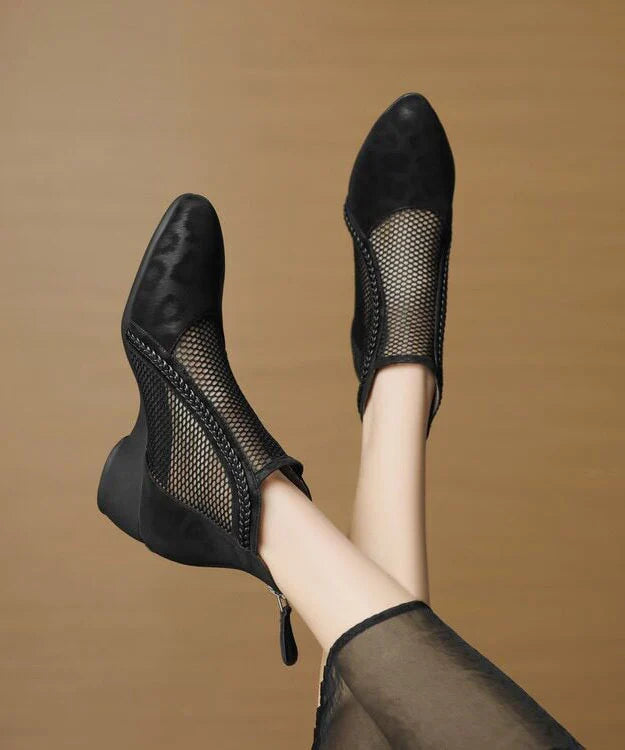 Women's Black Ankle Boots Chunky Hollow Out Design 2