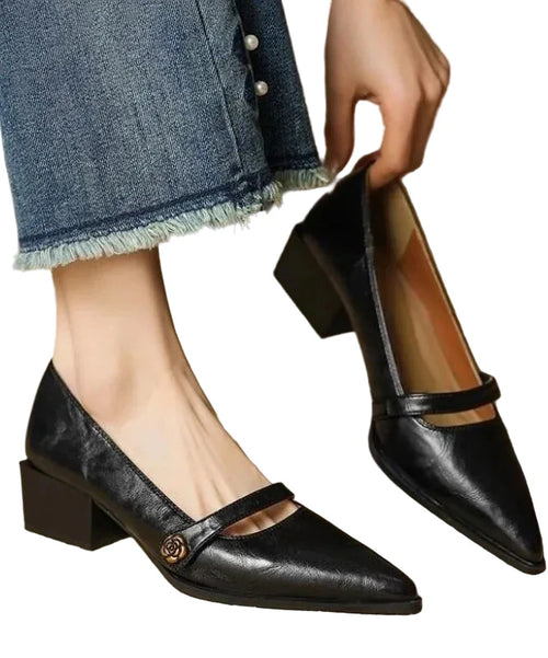 Women's Black Pumps Chunky High Heel Pointed Toe 0