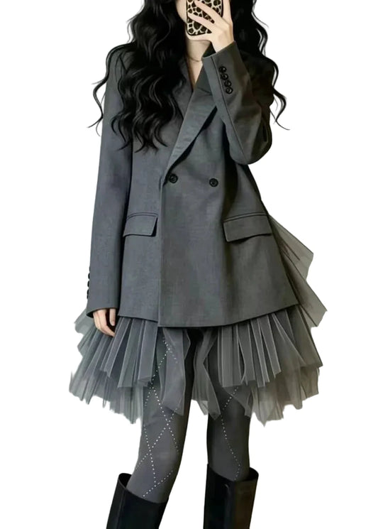 Women's Blazer Jacket Patchwork Tulle Layered Style 0