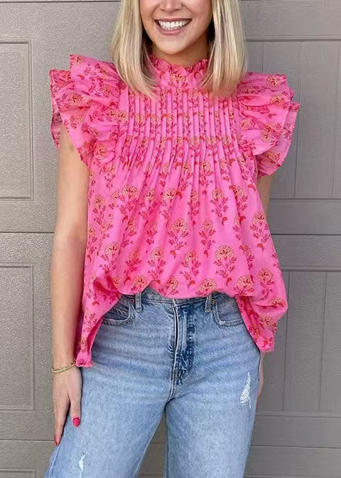 Women's Blouse Butterfly Sleeve Wrinkled Print 0