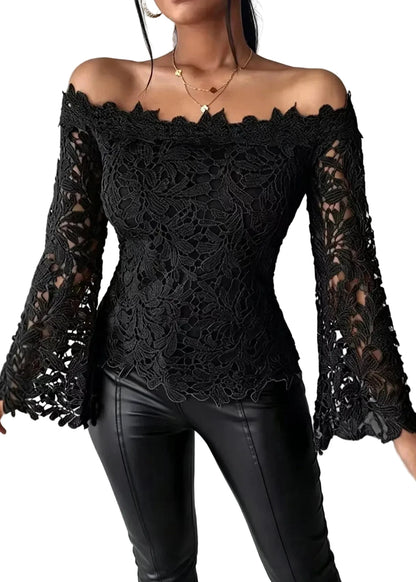 Women's Blouse Flare Sleeve Slash Neck Lace Top 0