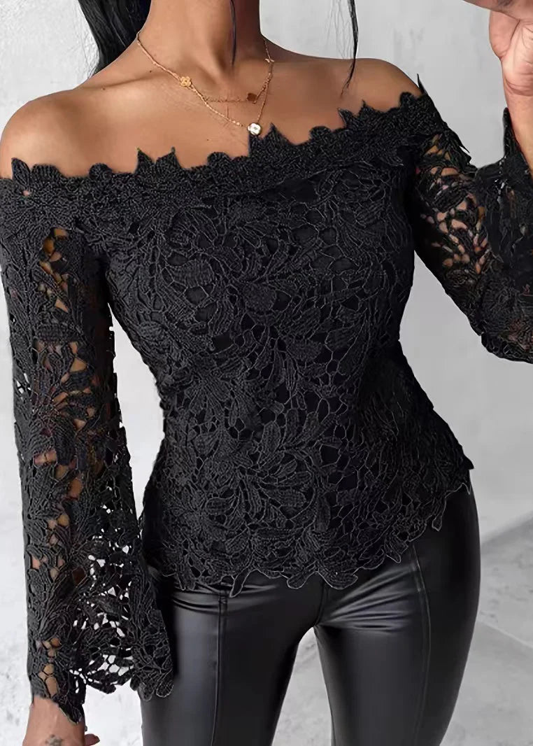 Women's Blouse Flare Sleeve Slash Neck Lace Top 1