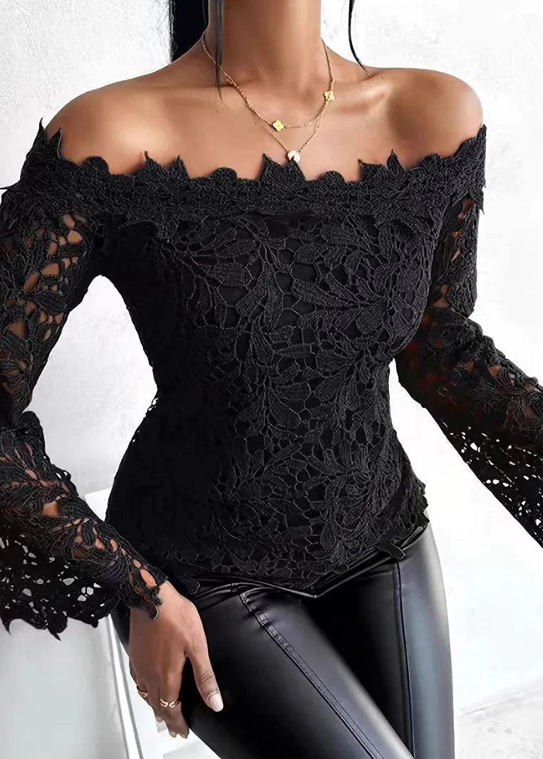 Women's Blouse Flare Sleeve Slash Neck Lace Top 2