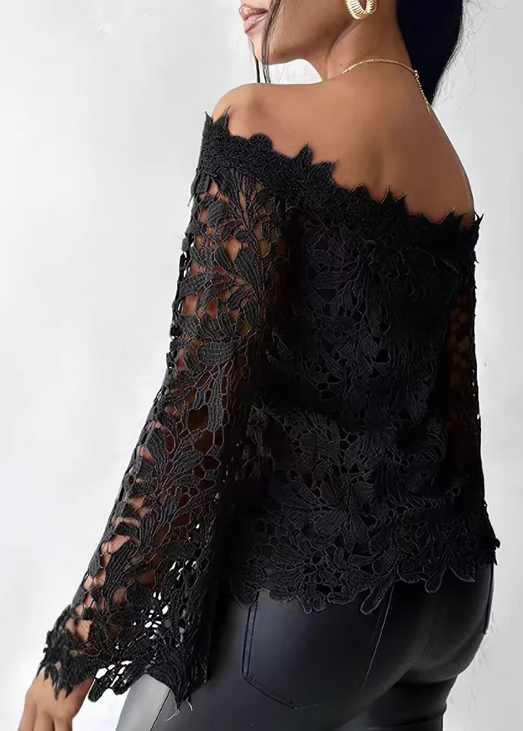 Women's Blouse Flare Sleeve Slash Neck Lace Top 3