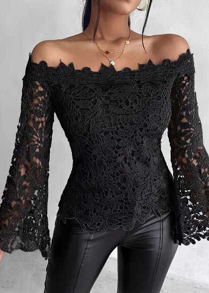 Women's Blouse Flare Sleeve Slash Neck Lace Top 4