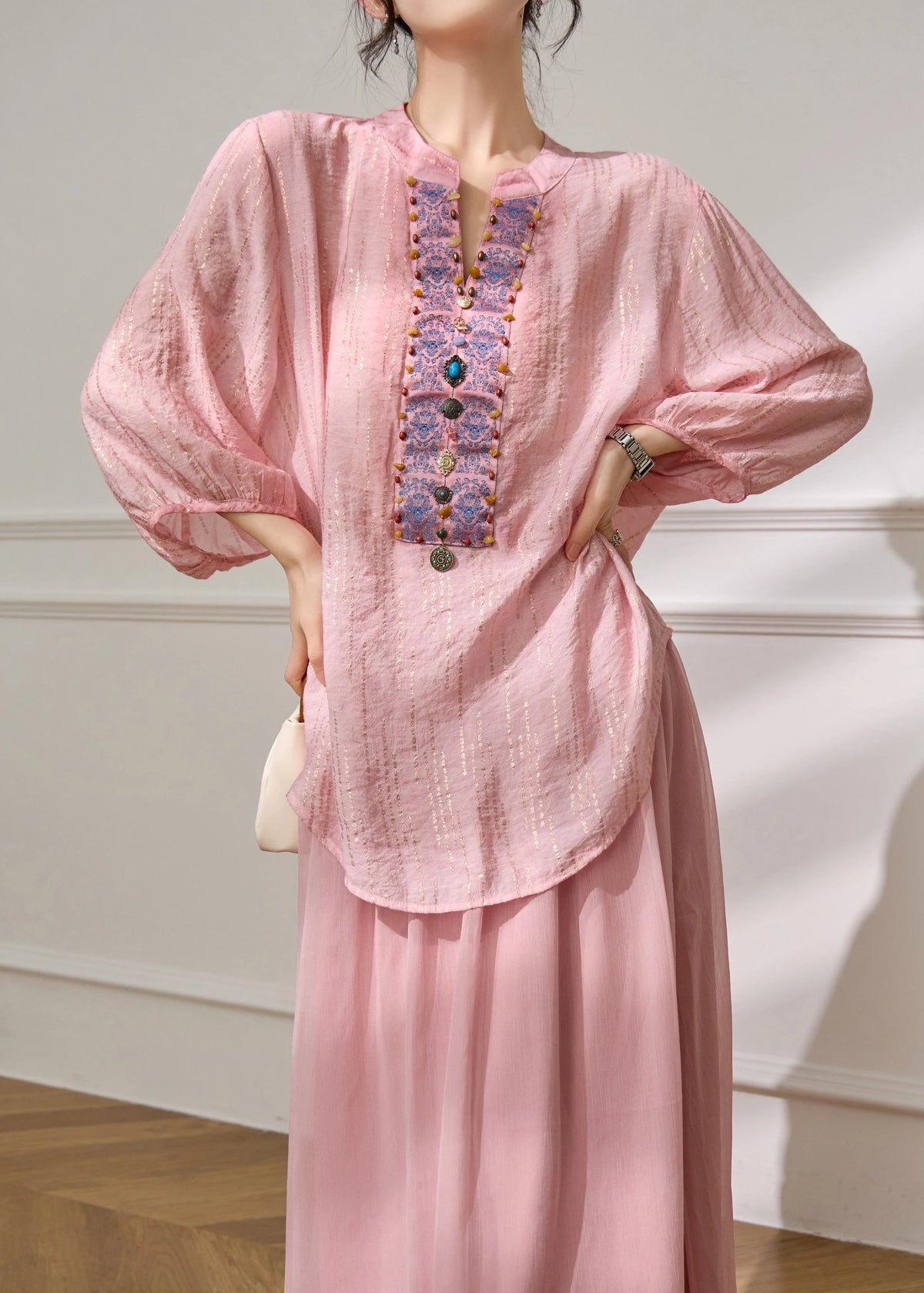 Women's Blouse Lantern Sleeve Nail Bead Detail 2