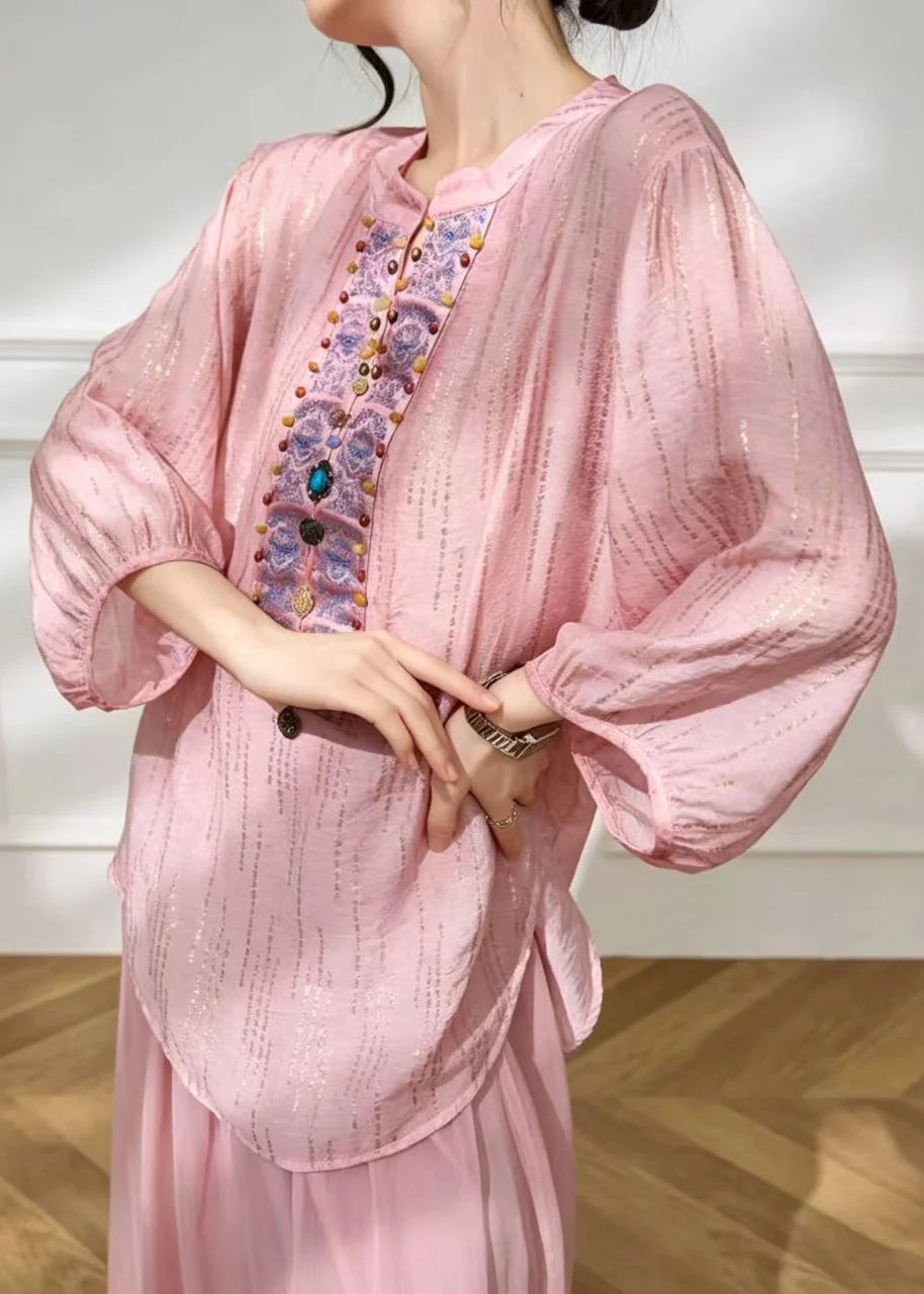 Women's Blouse Lantern Sleeve Nail Bead Detail 3