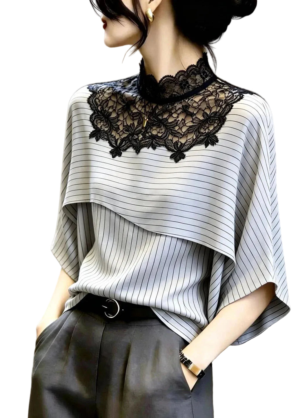 Women's Blouse Light Grey Striped Patchwork Lace 0