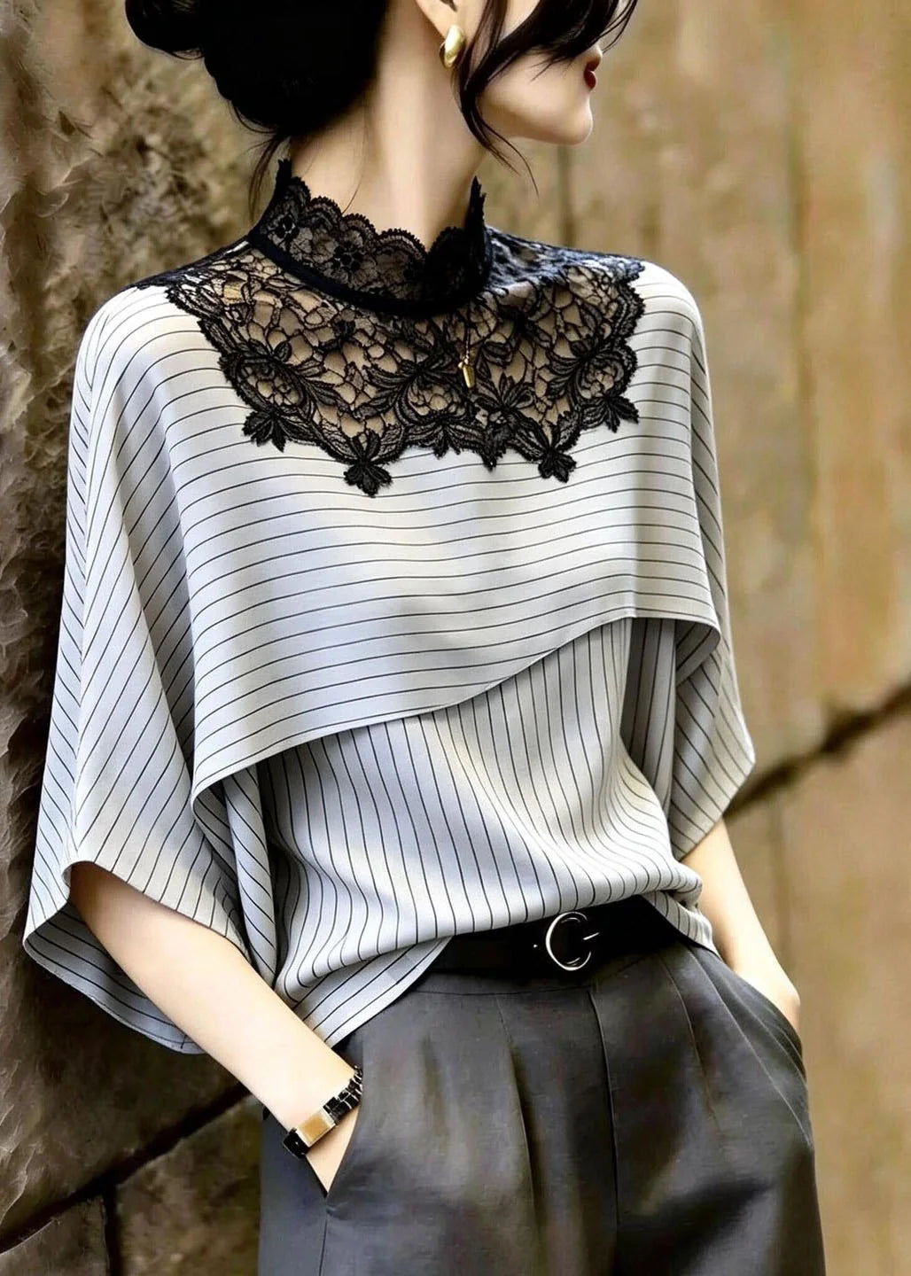 Women's Blouse Light Grey Striped Patchwork Lace 2