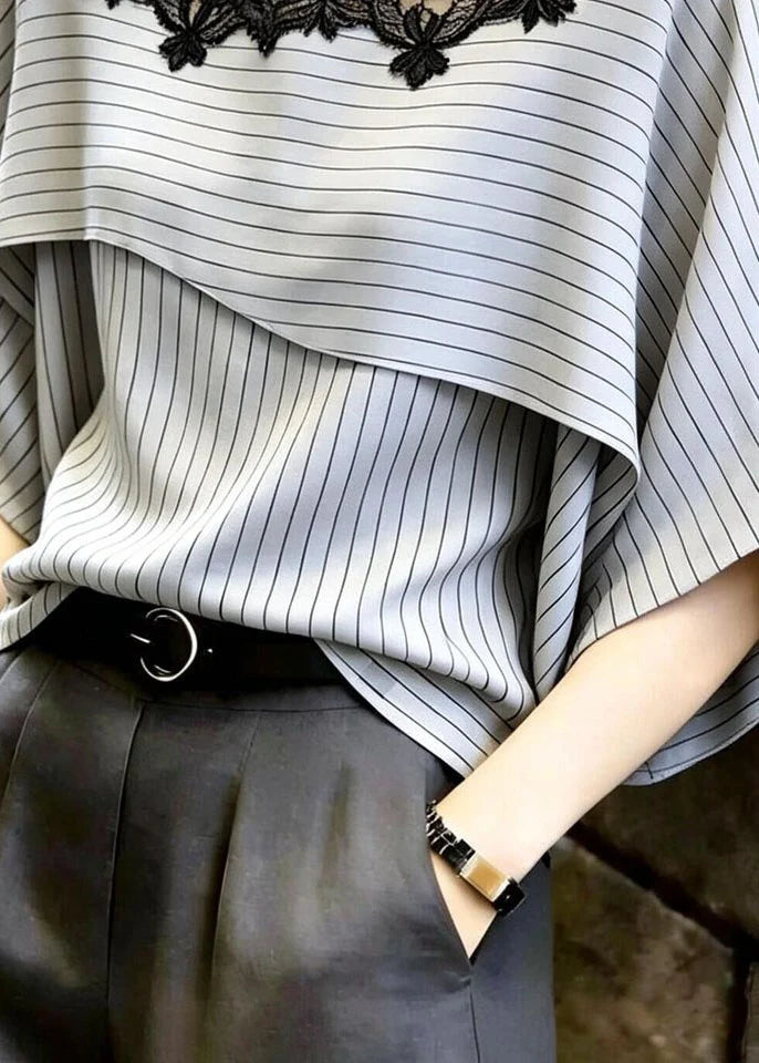 Women's Blouse Light Grey Striped Patchwork Lace 3