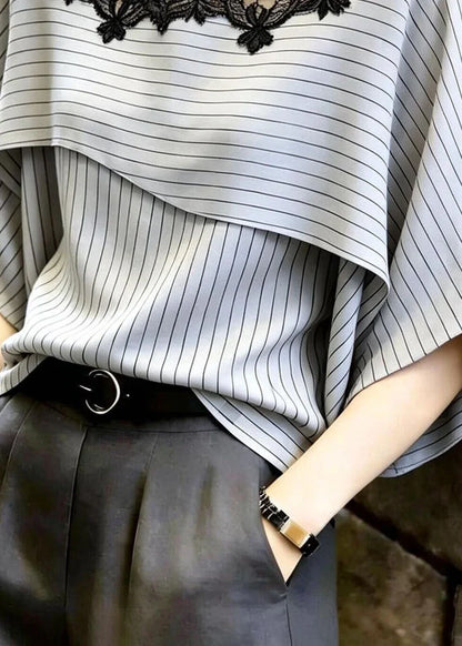 Women's Blouse Light Grey Striped Patchwork Lace 3