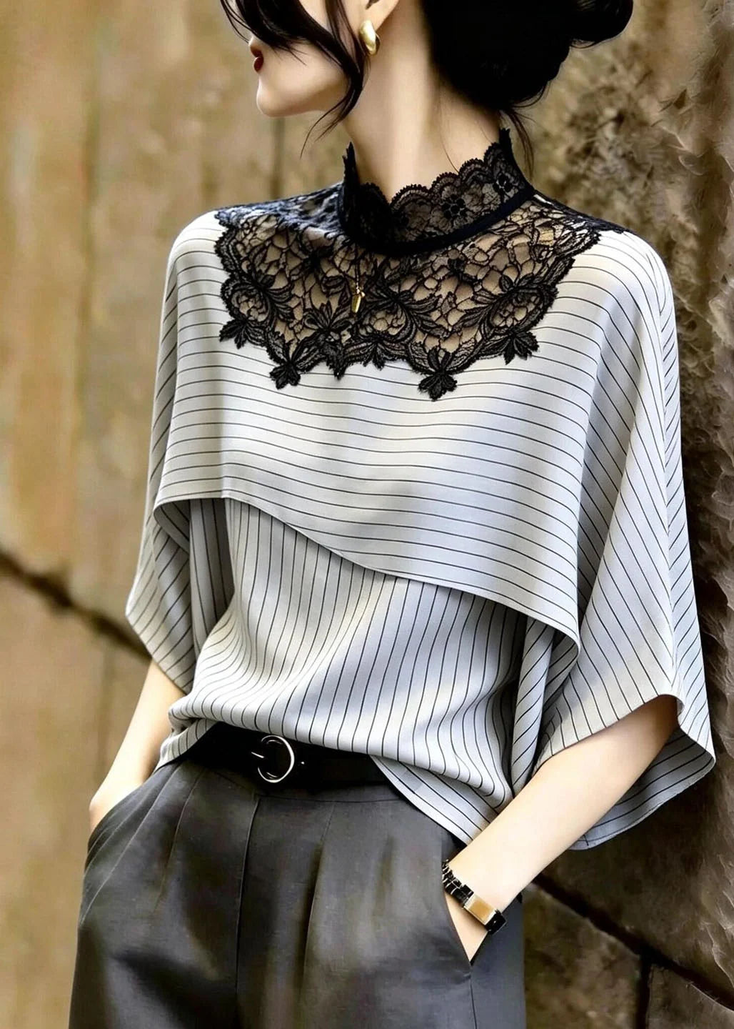 Women's Blouse Light Grey Striped Patchwork Lace 4