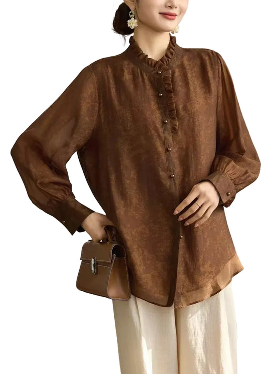 Women's Blouse Long Sleeve Stand Collar Ruffled 0