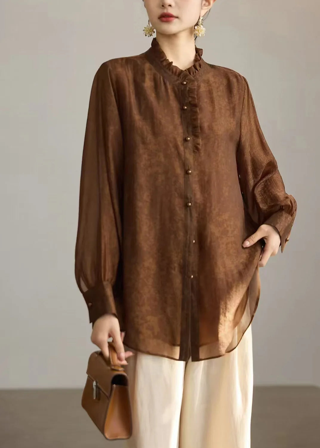 Women's Blouse Long Sleeve Stand Collar Ruffled 1