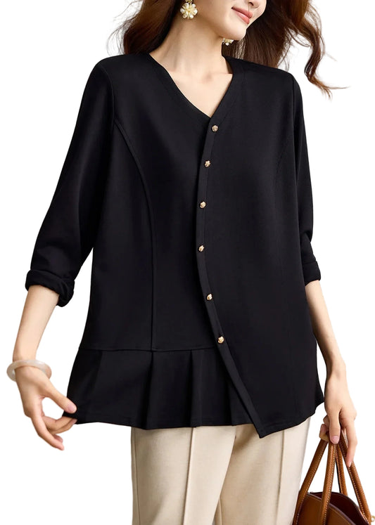 Women's Blouse Long Sleeve V Neck Pleated Casual Top 0