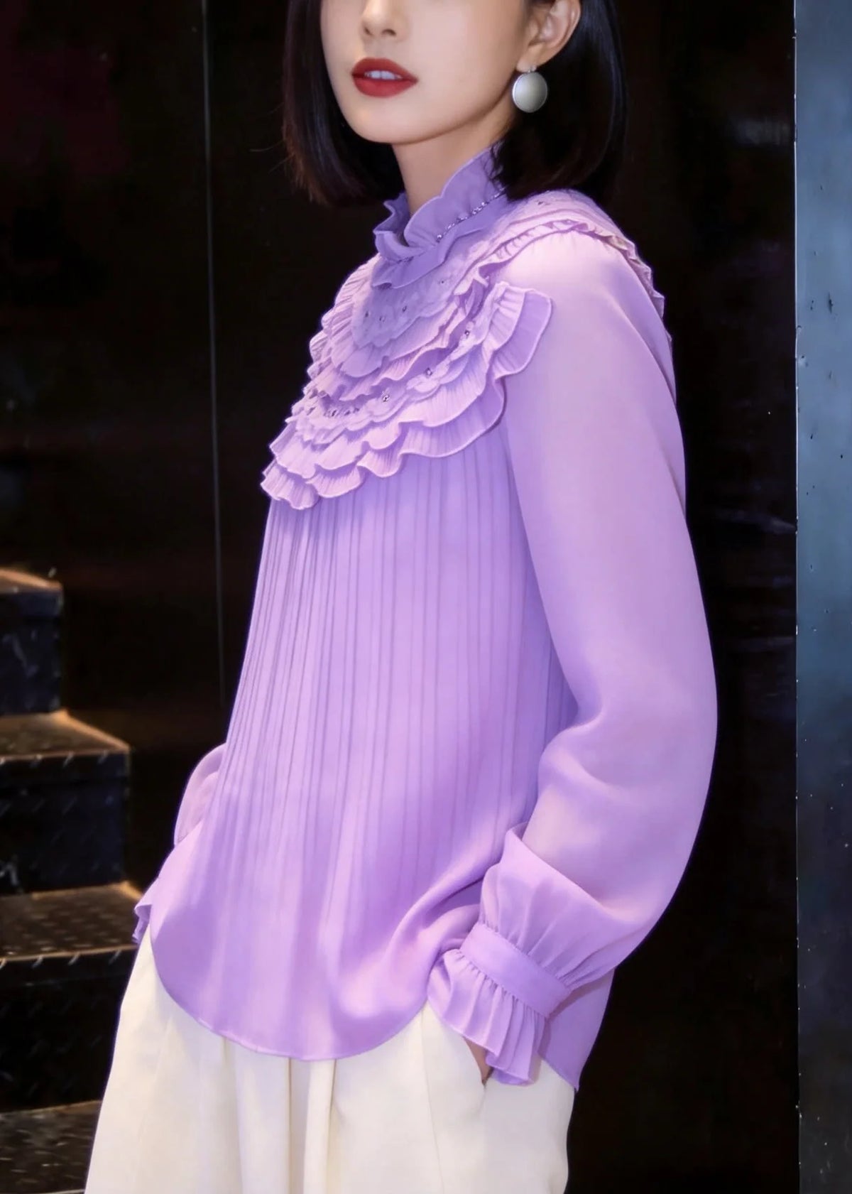 Women's Blouse Mock Neck Layered Ruffled Style 4