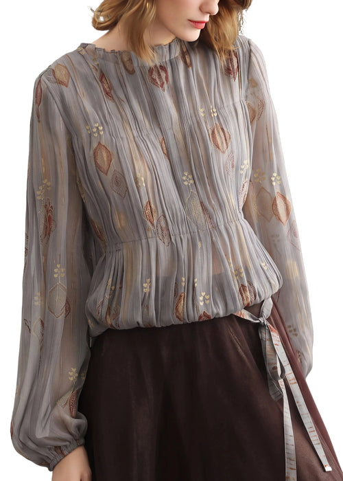 Women's Blouse O-Neck Pleated Jacquard Style 0