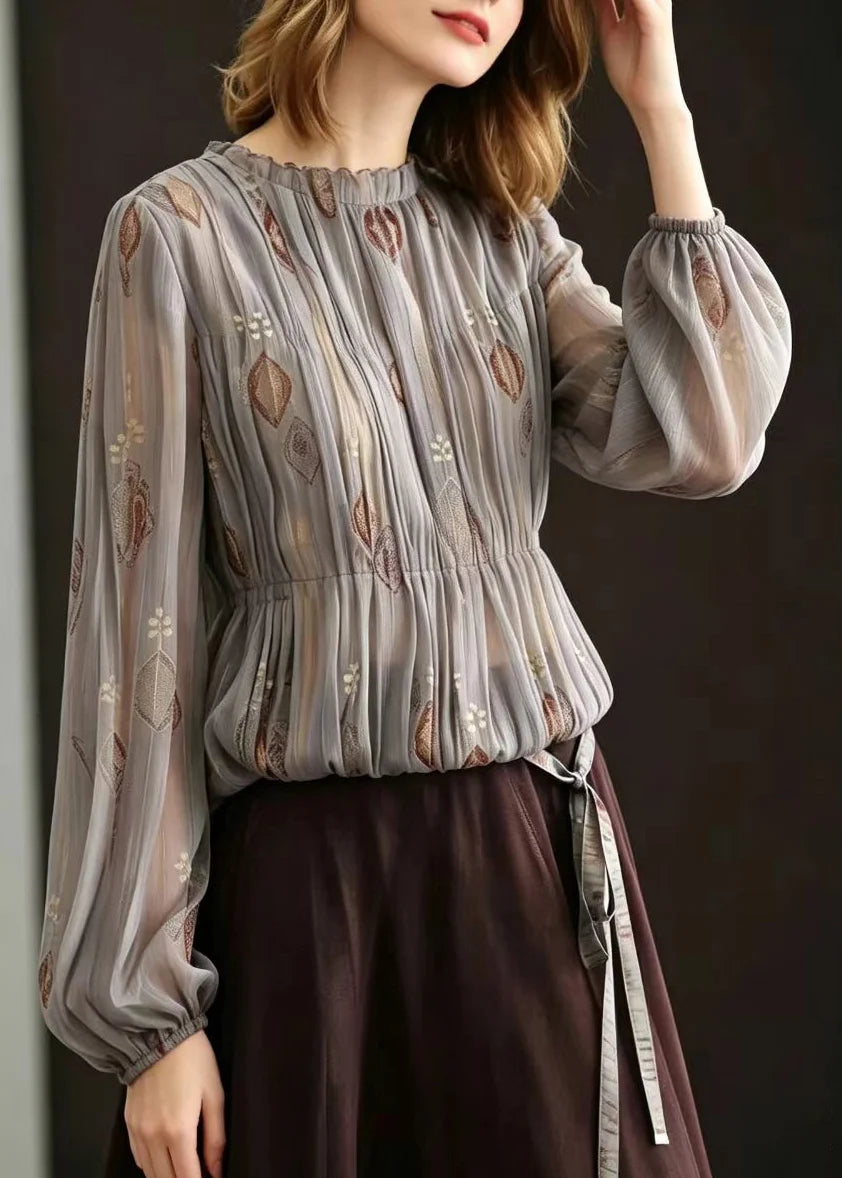 Women's Blouse O-Neck Pleated Jacquard Style 1