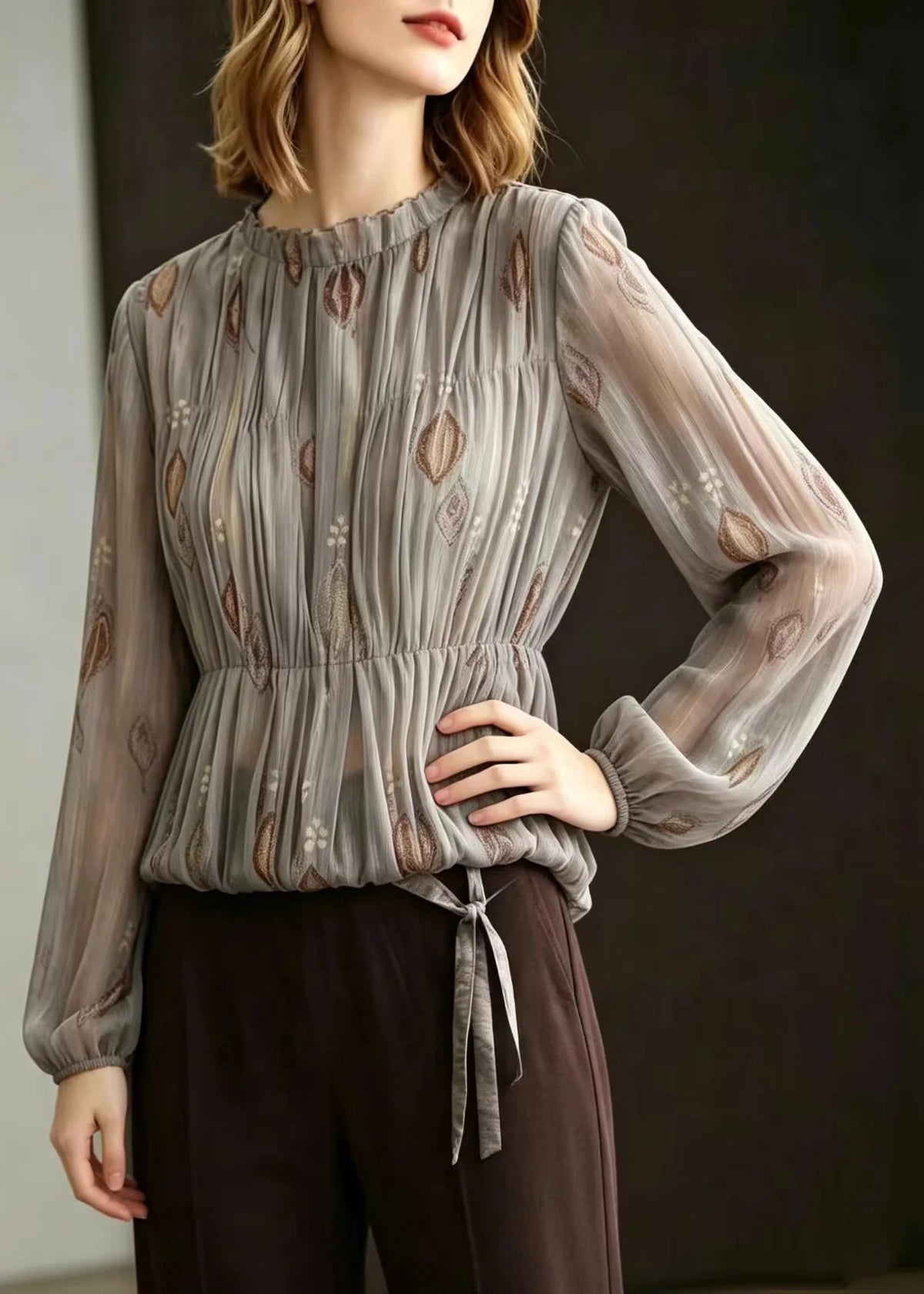 Women's Blouse O-Neck Pleated Jacquard Style 2