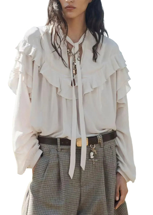 Women's Blouse Oversized Lace-Up Ruffled Long Sleeve 0