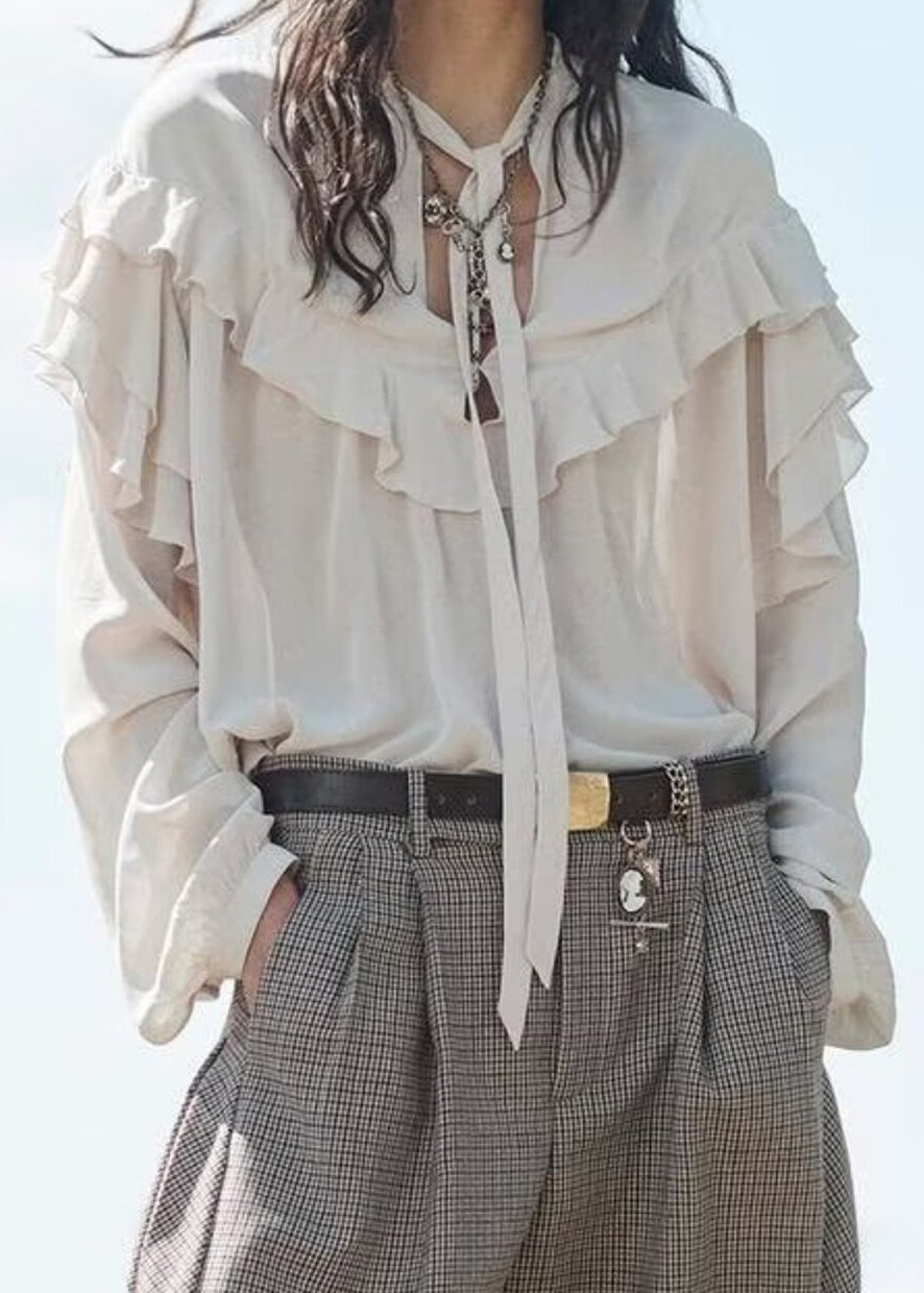 Women's Blouse Oversized Lace-Up Ruffled Long Sleeve 1