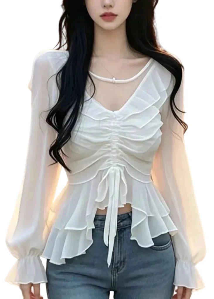 Women's Blouse Ruffled Drawstring Puff Sleeve 0