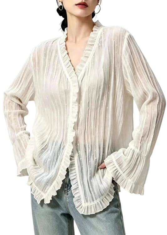 Women's Blouse Sheer Ruffled Flare Sleeve 0