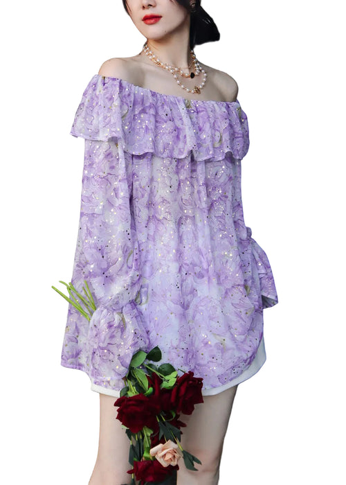 Women's Blouse Slash Neck Ruffled Print Summer Top 0
