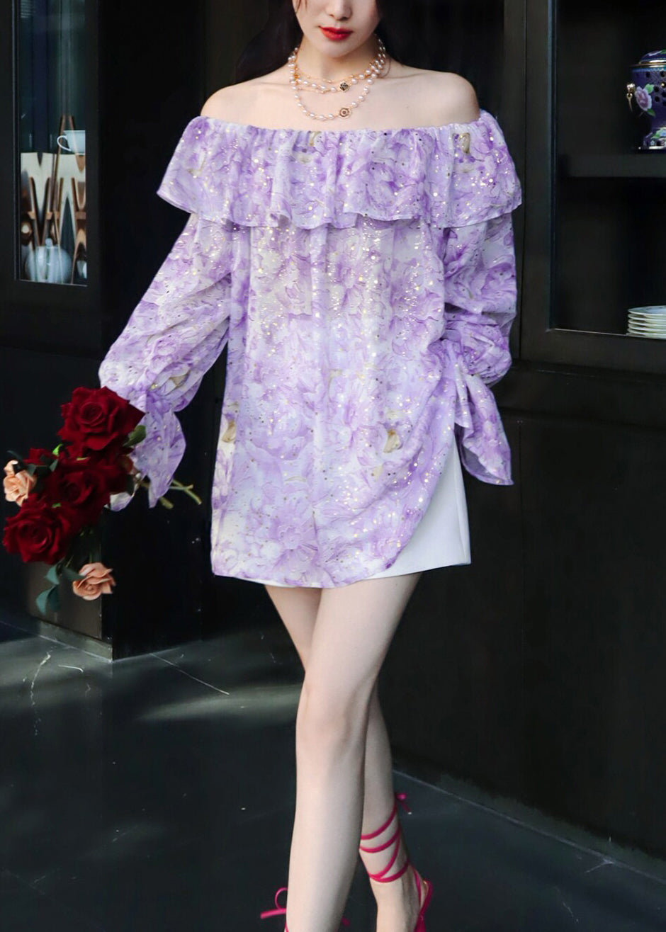 Women's Blouse Slash Neck Ruffled Print Summer Top 2