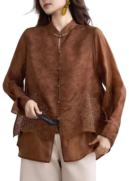 Women's Blouse Stand Collar Layered Embroidered Design 0