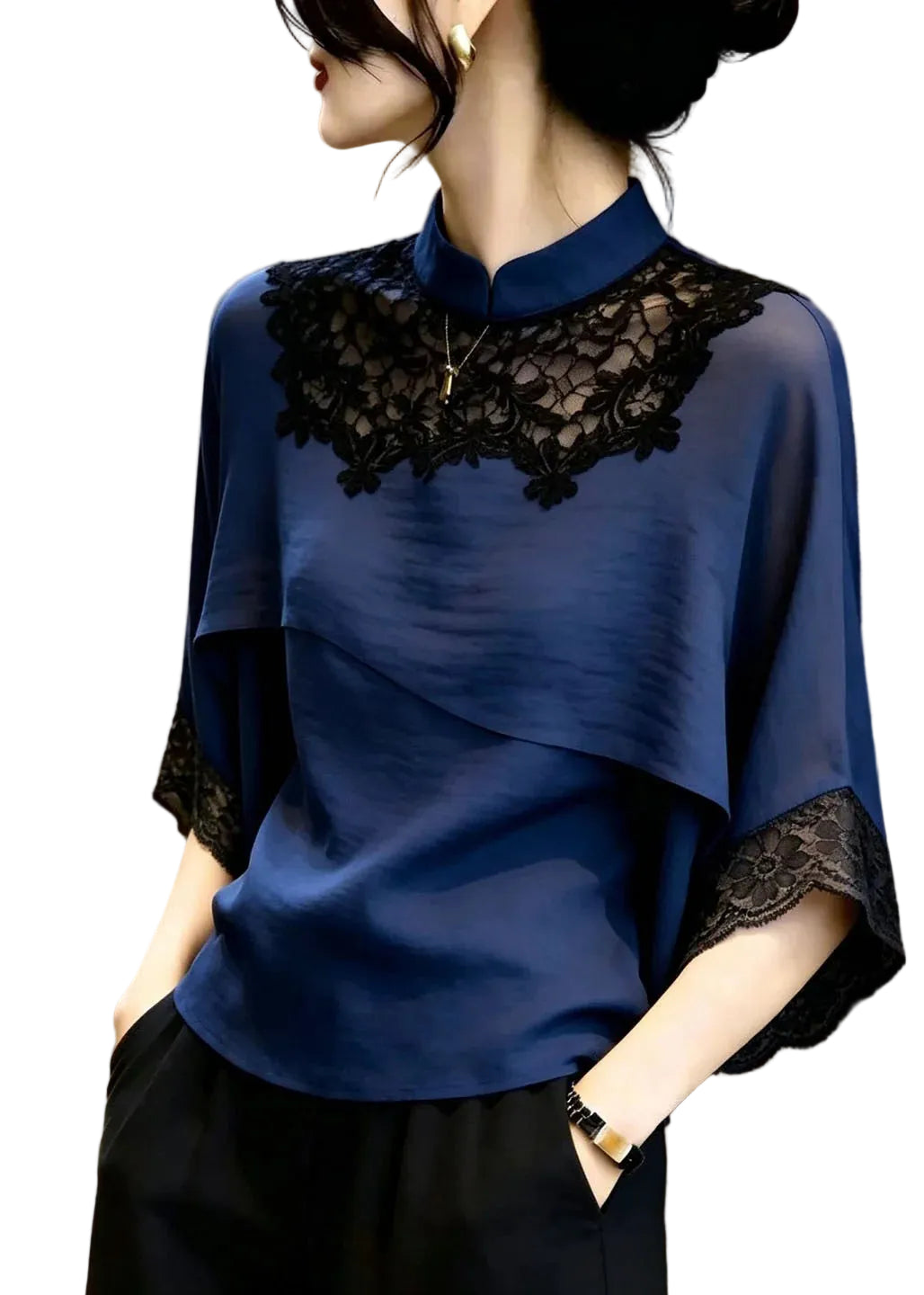 Women's Blouse Stand Collar Patchwork Lace 0