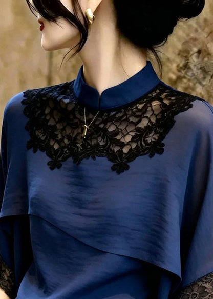 Women's Blouse Stand Collar Patchwork Lace 1