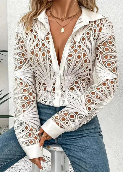Women's Blouse Turn-Down Collar Hollow Out Design 0