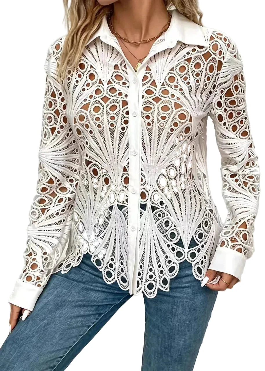 Women's Blouse Turn-Down Collar Hollow Out Design 1